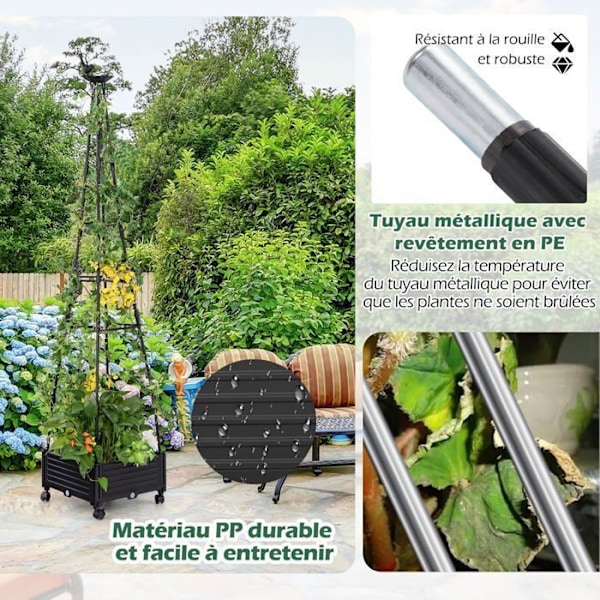 COSTWAY Upphöjd plantering på hjul med båge, självdränerande system, planteringslåda för klätterväxter