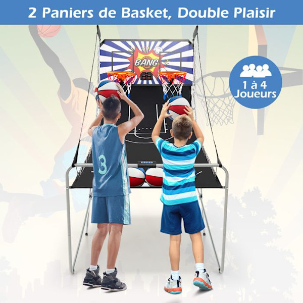 COSTWAY Basketball Arcade Spil, Foldbar med 2 Kurve, 4 Bolde, Pumpe, Point System, 1 til 4 Spillere, Blå+Hvid