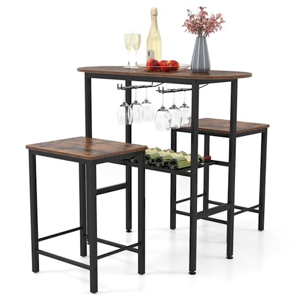 COSTWAY Ensemble 3 Stykker - Oval Spisebord og 2 Taburetter - Vinflaskeholder, Vinglasholder til Køkken, Bistro Brun