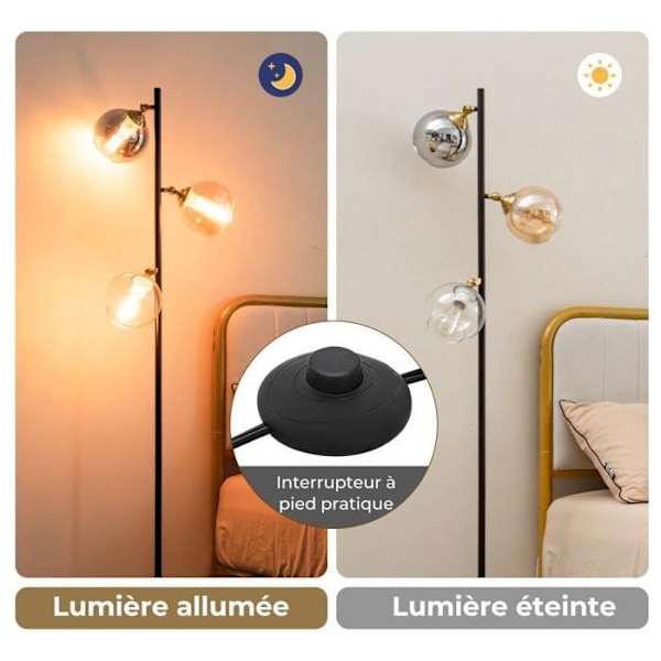 COSTWAY Modern gulvlampe 3 glaskugleskærme Justerbar vinkel 160°, vægtet base, fodkontakt, E27 pæresokkel Svart