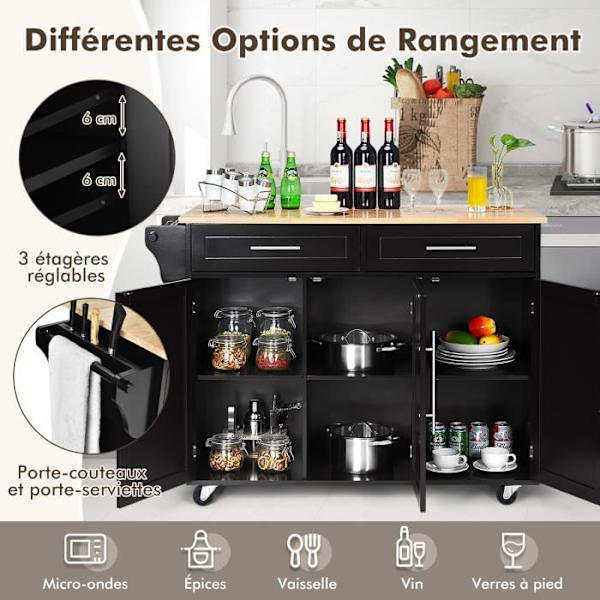 COSTWAY keittiövaunu/pyörillä oleva vaunu, Kitchen Island veitsenpidikkeellä, pyyheteline, 3 ovea ja 2 laatikkoa, musta