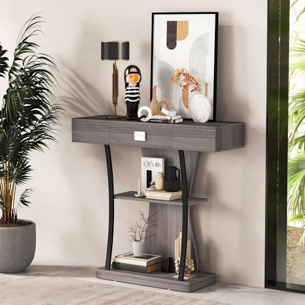 COSTWAY konsolbord, entrémöbler - 3 hyllor, 1 låda - L91 x D30 x H88 - Grå skandinavisk stil