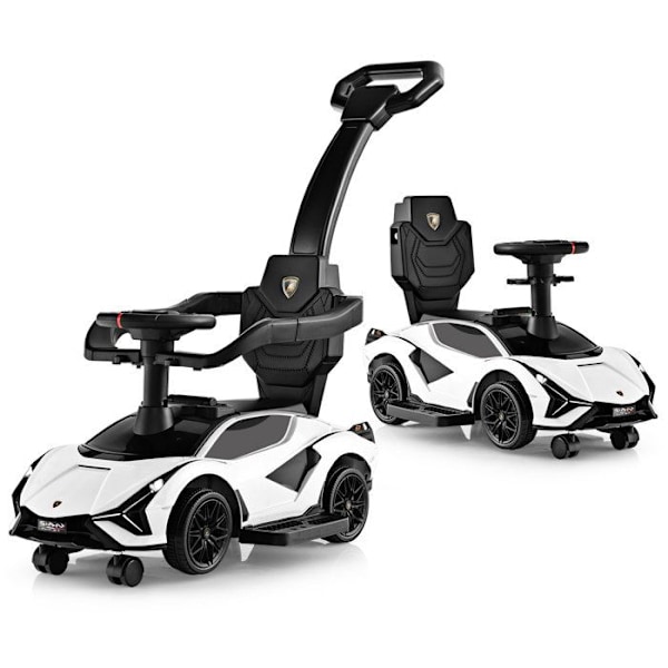 Lamborghini 3 i 1 skubbebil til børn, universalhjul, aftagelige håndtag, musik, opbevaringsplads, hvid