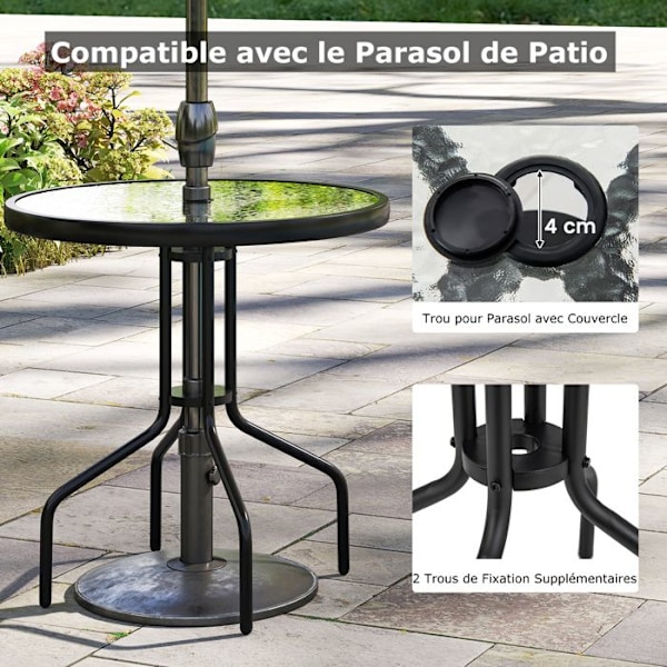 COSTWAY Pyöreä Puutarhapöytä 70 CM, Aaltoileva Karkaistu Lasikansi, Aurinkovarjon Reikä, Metallikehys, Terassille, Verandalle, Pihaan