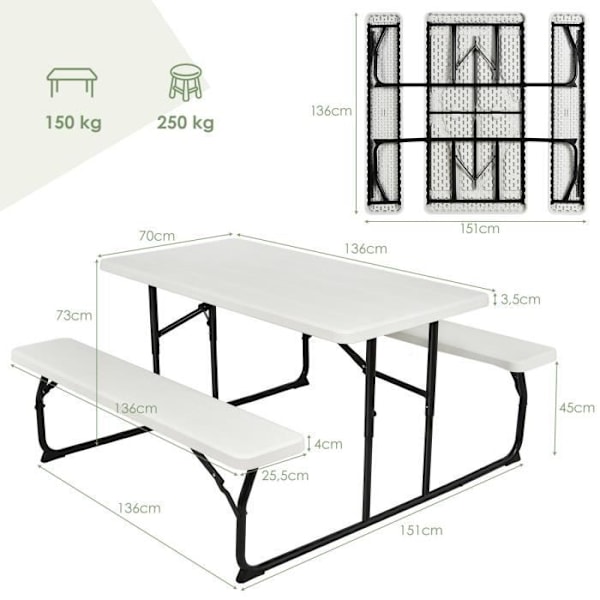 COSTWAY campingbord med 2 foldbare bænke - 4 til 6 personer - til picnic-camping hvid