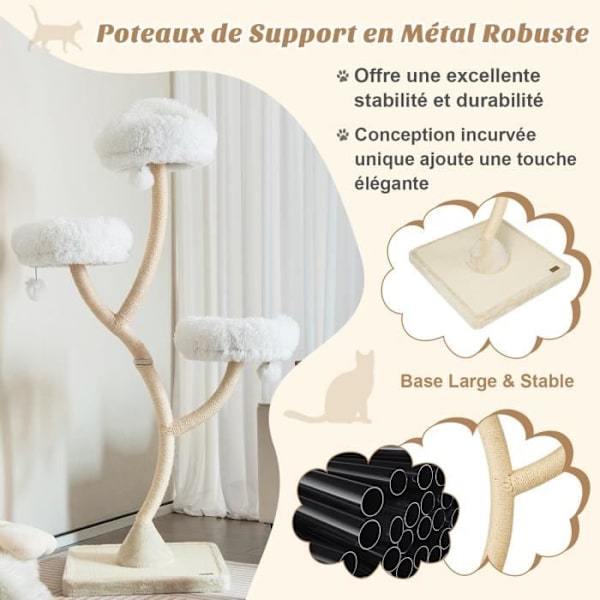 COSTWAY Cat Tree 178cm, 3 riippupalloa, 3 ahventa, sisal-raapimistolppa, Cat Tower kaareva metallirunko, beige