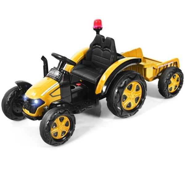 COSTWAY 12V 7AH elektrisk traktor - 2,4G fjärrkontroll, 3-8 km/h, MP3-avtagbar släpvagn, USB-port för barn 3 - 8 år, gul