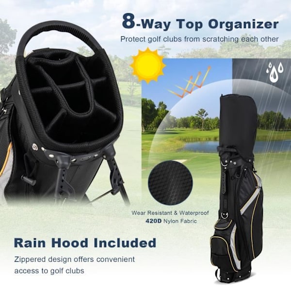 COSTWAY Golf Bag Stativ-8 Rum og Flere Lommer-Nylon Taske med Støtte-Klub eller Ferie-28 x 21 x 89,5CM-Sort