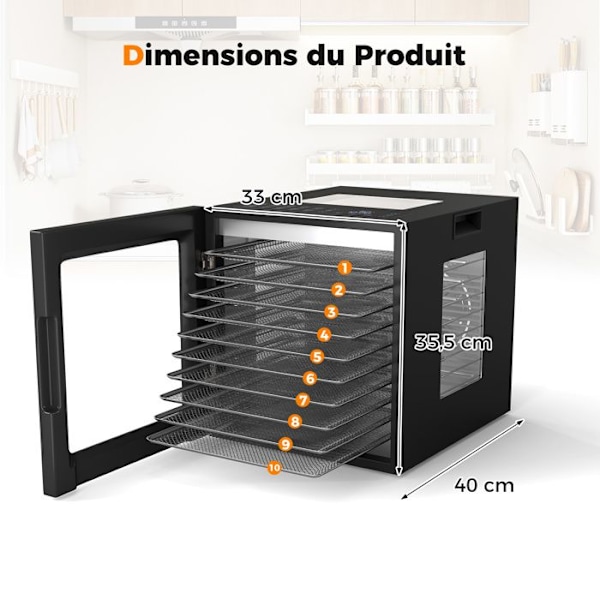 COSTWAY Fødevare Dehydrator - Tørreapparat med 10 Hylder i Rustfrit Stål - 10 Forudindstillede Programmer - 48 Timer Timer - Temperatur 30-75℃