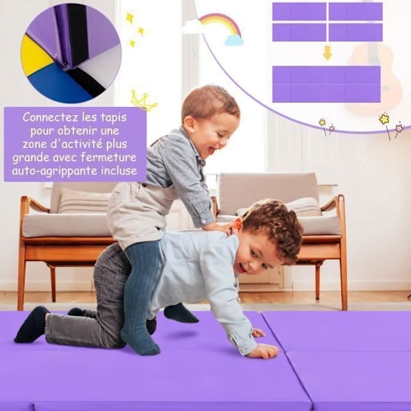 COSTWAY Foldbar Gymnastikmåtte-180 x 60 x 5cm-3 lag med håndtag-kroge- og løkkebefæstelser-Vandtæt PU EPE-fyldning-lilla