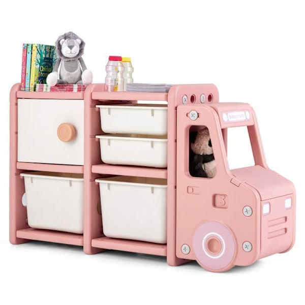COSTWAY Børnelegetøjsopbevaringsenhed - 2 skraldespande, 2 skuffer og 1 skab 110 x 32 x 66 (L x B x H) CM Pink Vit