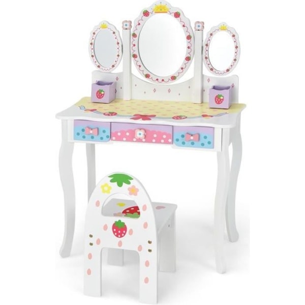 COSTWAY Sminkbord för barn med avtagbar spegel - 3 lådor - 2 lådor - Konvertibelt skrivbord - Princess Style for Girls, Vit