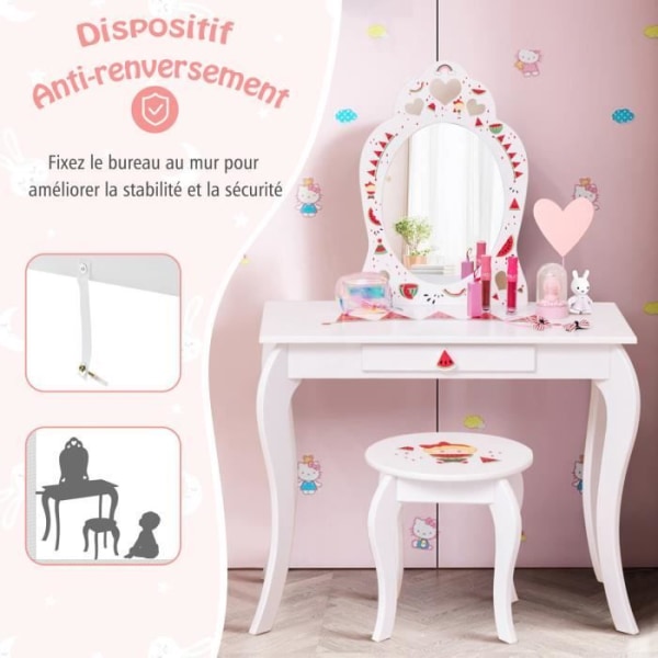 COSTWAY 2 i 1 toalettbord för barn med pall och avtagbar spegel, sminkbord med låda och anti-tilt-enhet