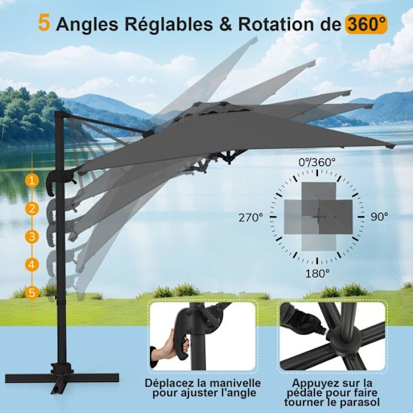 Parasol Deporter 245cm-Korsben-COSTWAY-360° Rotation-5 Justerbare Lægninger- 8 Spiler-Kurve- Kvadratisk til Have- Grå