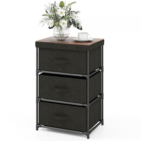 COSTWAY kommode med 3 stofskuffer 48 x 20 x 76 cm, sengebord med metalstel, til soveværelse, industri, sort