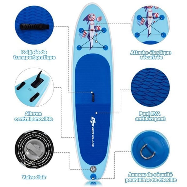 COSTWAY puhallettava seisova melalauta aikuisille - Täydellinen lisävaruste - 305x76x15cm - Säädettävä mela - Irrotettava eväpumppu - Reppu - Bikinit