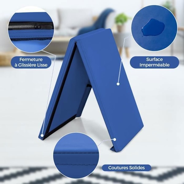 Fällbar Gymnastikmatta COSTWAY-180 x 60 x 3,8 cm-2 Delar med Handtag-Självhäftande-Fuktskyddad PU-Skum-Blå