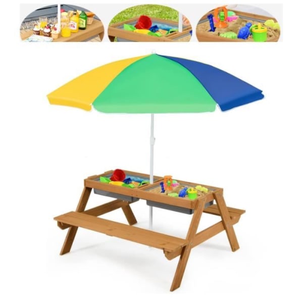 Picknickbord för barn - COSTWAY - 3 i 1 med paraply och lådor för sand och vatten