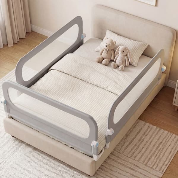 3-pack Fällbara Sänggrindar - COSTWAY - Höjdjusterbara, 178cm + 148cm, Tvättbart Oxford-tyg, Y-rem, Stabil U-bas, Grå