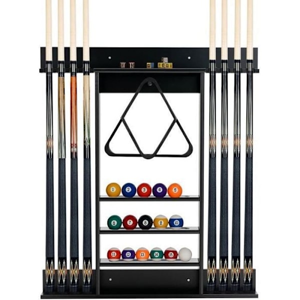 COSTWAY Vægbeslag til Billardkøer, 8 Køer og 3 Niveaus Riller, 15 Kugleholder, 1 Boldholder, 79 x 91 cm, Sort Svart