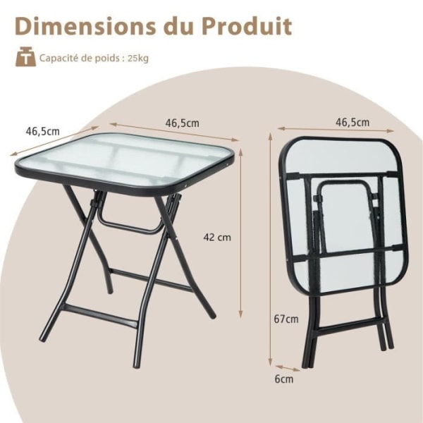 COSTWAY Kokoontaittuva Bistro Puutarhapöytä 46,5x46,5x42 cm lasia ja terästä sisäpihalle parvekkeelle 25kg musta