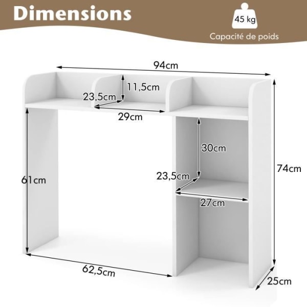 COSTWAY skrivebordsopbevaringsorgan, 94x25x74 CM, 3-lags bogreol med 2 anti-tip-enheder Hvid