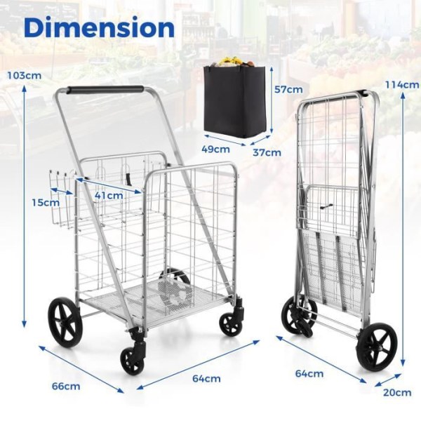 COSTWAY-2 Indkøbsvogn Indkøbsvogn (126L)-Vandtæt Oxford Taske-Foldbar Indkøbsvogn med 4 360° drejelige hjul-Kapacitet 150KG-Sølv Sølv