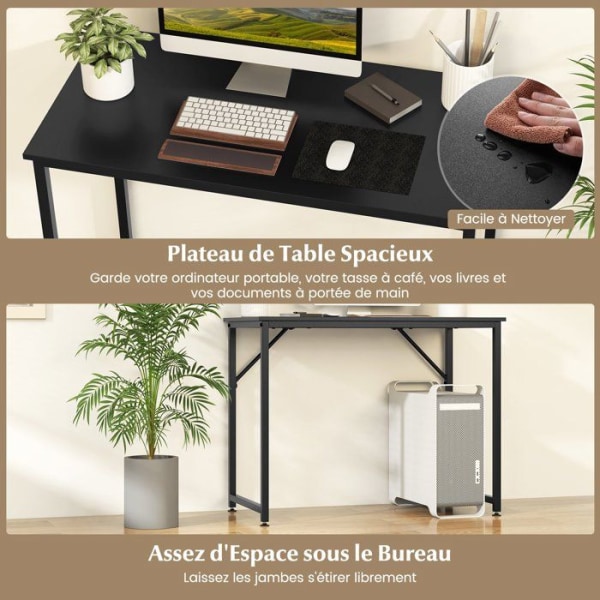 COSTWAY Simpelt computerbord med robust metalstel, justerbar fodstøtte, 100 x 50 x 77 cm, maks 91 kg, sort Svart