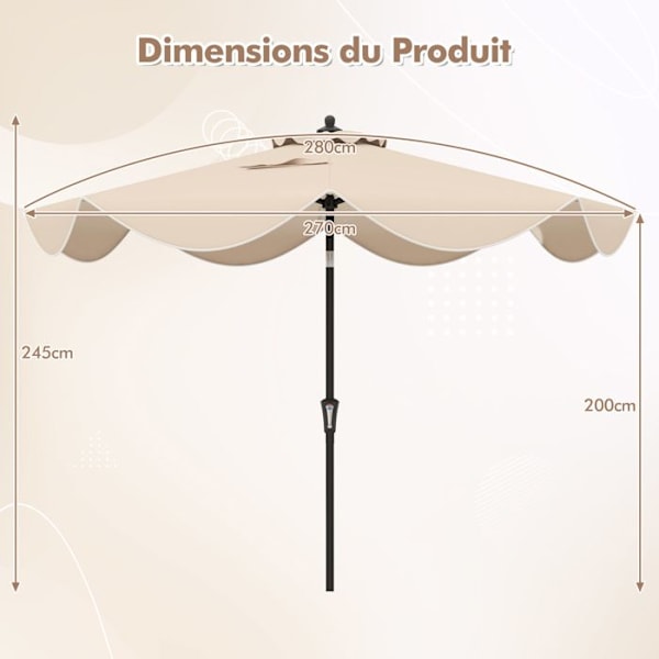 COSTWAY Haveparasol Nejlbar φ280 x 245 cm, med Dobbelt Tag og Krank, 8 Spiler til Have, Terrasse og Pool, Beige