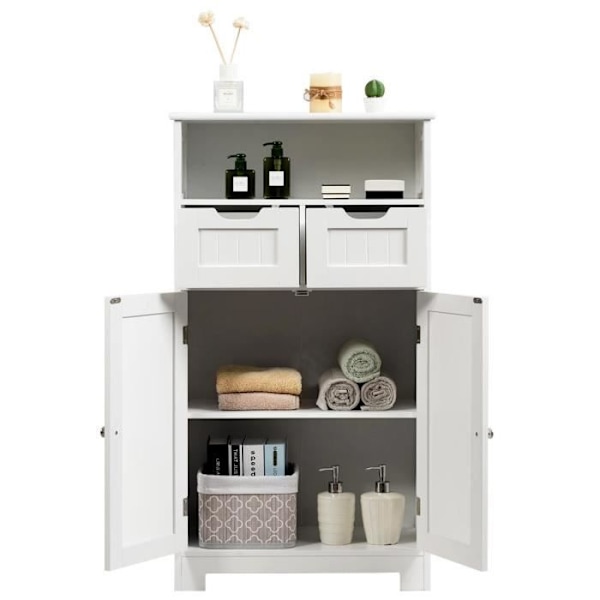 COSTWAY Badeværelsesmøbel med 2 skuffer og 2 låger, justerbar hylde, til stue, køkken, entré, 60 x 30 x 109 cm, Hvid Vit