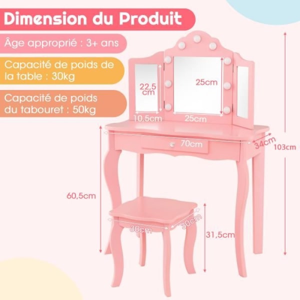 COSTWAY 2 i 1 toalettbord för barn med pall, 3-färgad LED-spegel, hopfällbart äkta glas, låda, rosa