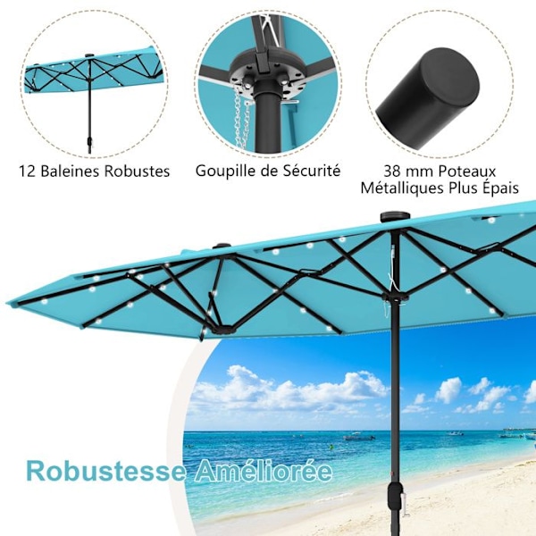Parasol Double til Have XXL 400 x 200 x 240 cm - COSTWAY - 36 LED-lys - Base inkluderet - 12 Spidser - Rektangulær Grøn