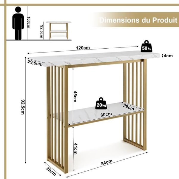 COSTWAY konsolbord, hall med marmoreffekt - 2 våningar 120 x 29,5 x 92,5 cm (L x B x H) Guldmetallram - skandinavisk stil Guld