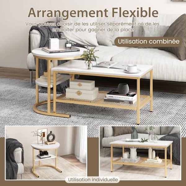COSTWAY Sæt med 2 Skandinavisk Nesting Sofaborde - Marmor Print Sidebord - Guld Metalramme, Justerbare Fodstøtter gyllene