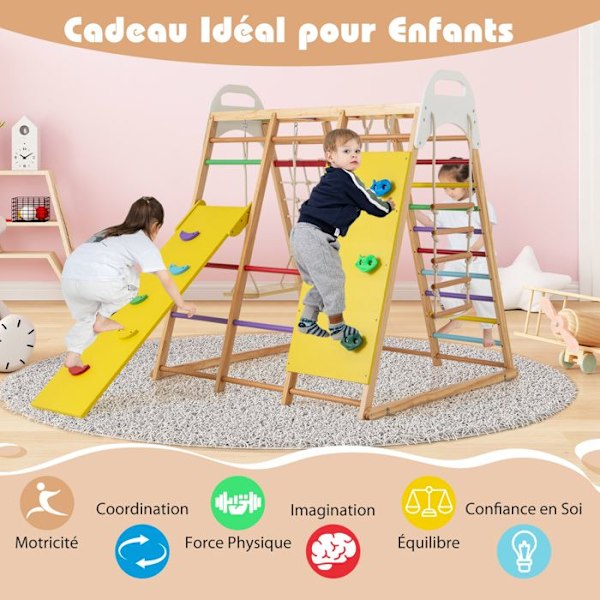 COSTWAY 8 i 1 Spilestation i Træ til Børn med Reversibelt Rutsjebane, Montessori Klatreleg Med En Kapacitet på 240KG, Farverig