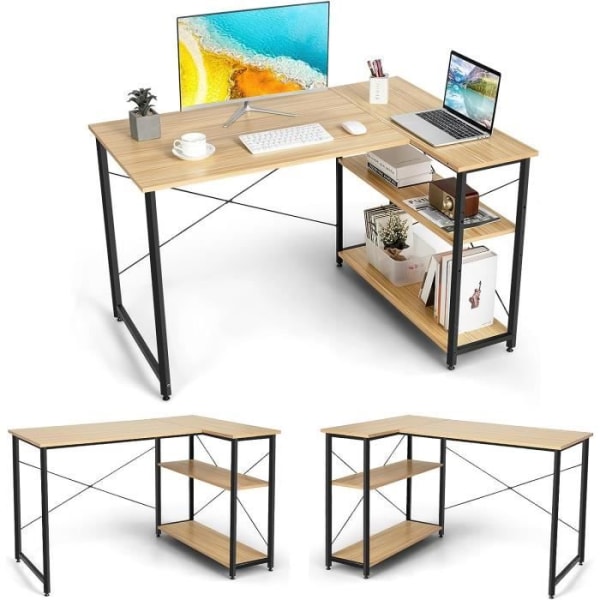 COSTWAY hörnskrivbord - 2 förvaringshyllor, L-format bord för arbete, revidering, spel, industriell stil, naturligt justerbart ben