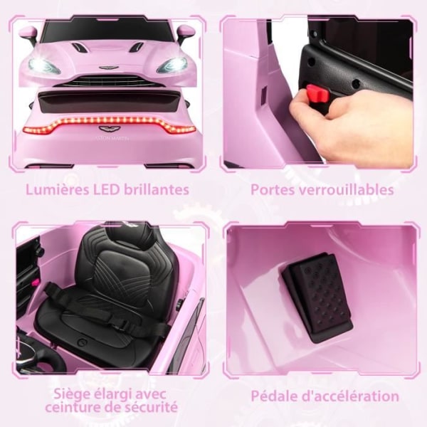 COSTWAY Aston Martin elbil 12V/4,5 Ah til børn 3-8 år, 2,4G fjernbetjening, 2 motor, LED, USB, Radio, Horn, Pink Rosa