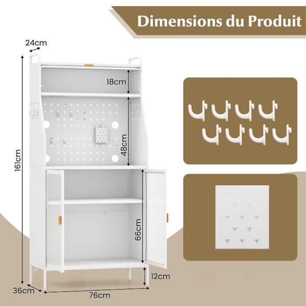 COSTWAY Köksskåp Skänk - Transparenta dörrar, Pegboard, Justerbar Hylla, 8 Krokar, Hängande korg - Vit