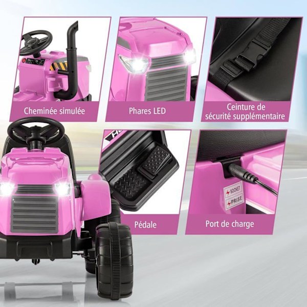 COSTWAY El-traktor 12V 7AH - 2,4G Fjernbetjening, Fjederophæng, LED, Horn, Soft Start, 3 - 8 År, Pink