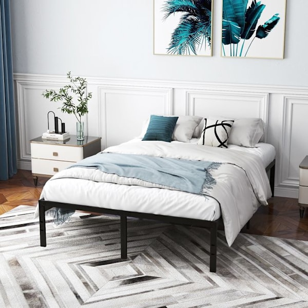 COSTWAY Queen Bed 140 x 200 cm, Metallitasoinen sängyn runko, Jalusta rautaisella säletuella, Sängyn alla säilytystilaa