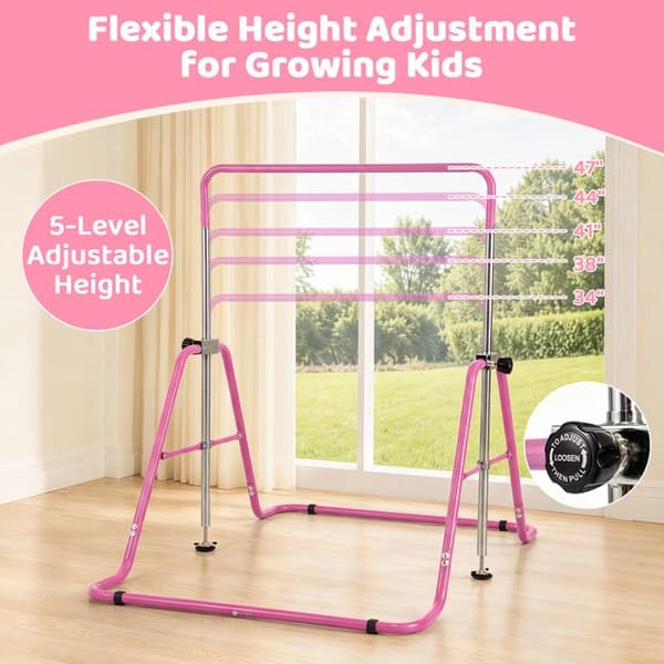 COSTWAY Fällbar Gymnastikstång för Barn, Stor Stabil Triangulär Struktur, 5 Höjder, Kompatibel med Gunga, 65 kg, Rosa