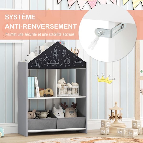 COSTWAY børneopbevaringshylde, 4 rum, 2 skuffer, anti-tipsæt, House Shape Grey