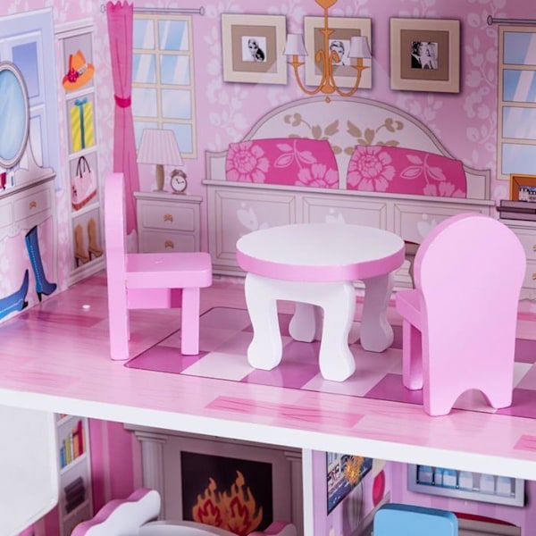 COSTWAY Dockhus i trä - 13 tillbehör med 3 våningar 61 x 26,5 x 71 CM Presenter för barn 3 år+ Rosa. Rosa