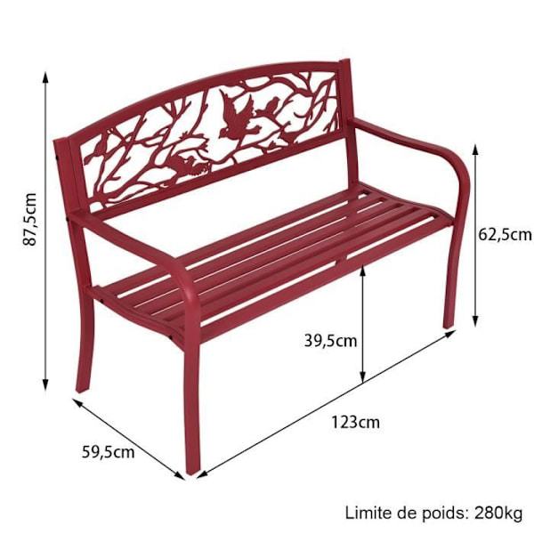 COSTWAY Trädgårdsbänk 2-3-sits Järn + Stål Väderbeständig Utomhusbänk i modern stil 123x60x88cm Röd Röd