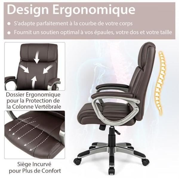 COSTWAY Ergonomisk kontorsstol i PU-läder, justerbar sitthöjd 47-57cm, max 160 kg, brun kastanj