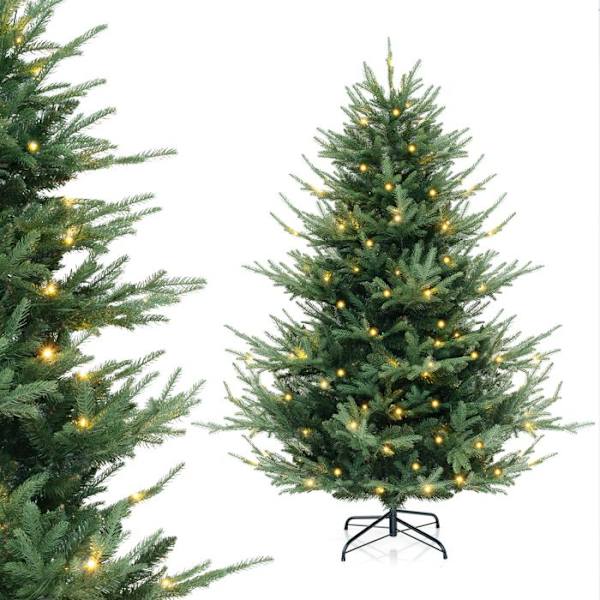 COSTWAY LED kunstigt juletræ 135 cm-160 varmhvide lysdioder, 8 dynamiske tilstande-PE og PVC-blade-442 grene-hængslet