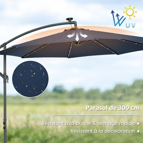 Parasol aflastet 3M 40 LED - COSTWAY - Krydsbase sandsæk - Polyesterstof UV 20+ Blå - Solpanel 6 Timer Blå