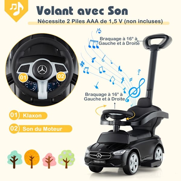COSTWAY Mercedes Benz 3 i 1 Barnvagn för Barn med Justerbart Soltak, Styrrör, Horn, för 18-36 Månader, Maxvikt 25kg, Svart