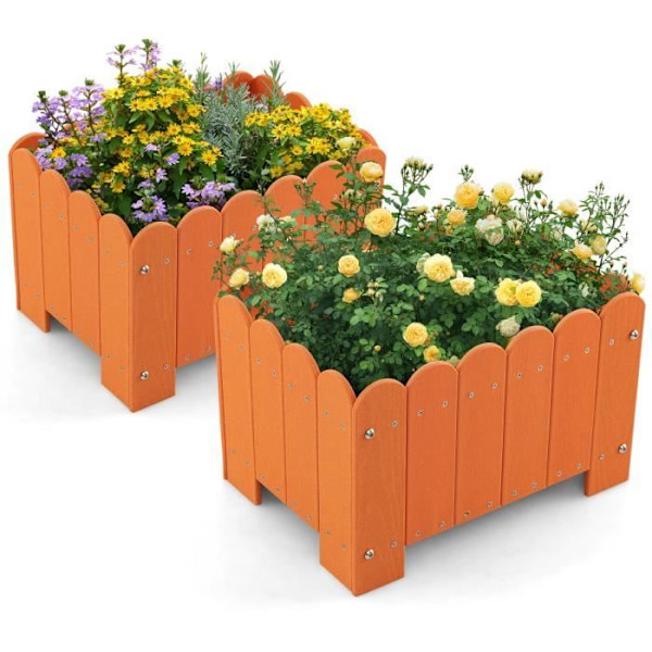 COSTWAY Sæt med 2 HDPE grøntsagshavefirkanter - drænhuller, hegnsdesign, forstærket tværstang, blomsterkasse - orange Orange