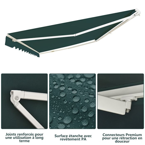 COSTWAY Butik Balkon Markise Retractable 4 X 2,5M - UV- og Vandafvisende Stof, Aluminiumsramme Justerbar Vinkel 5-35° Grøn